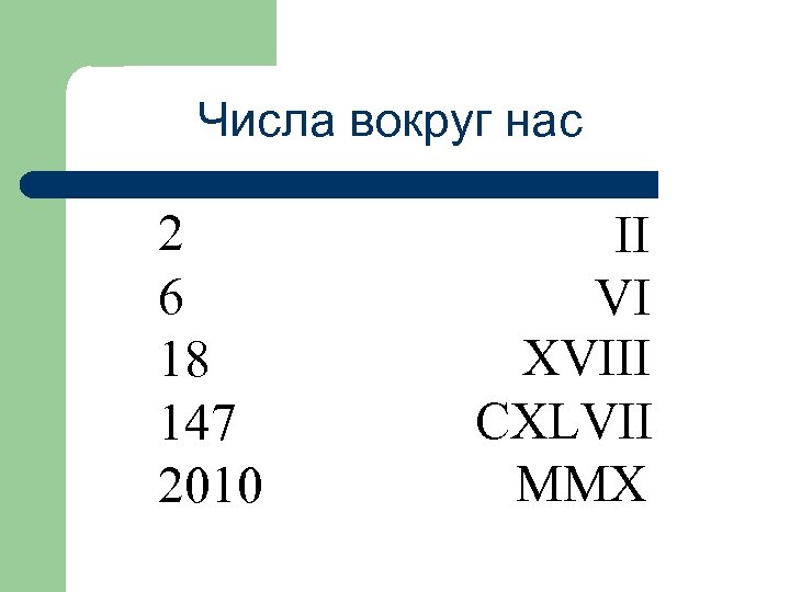 Числа вокруг нас 2 6 18 147 2010 II VI XVIII CXLVII MMX 