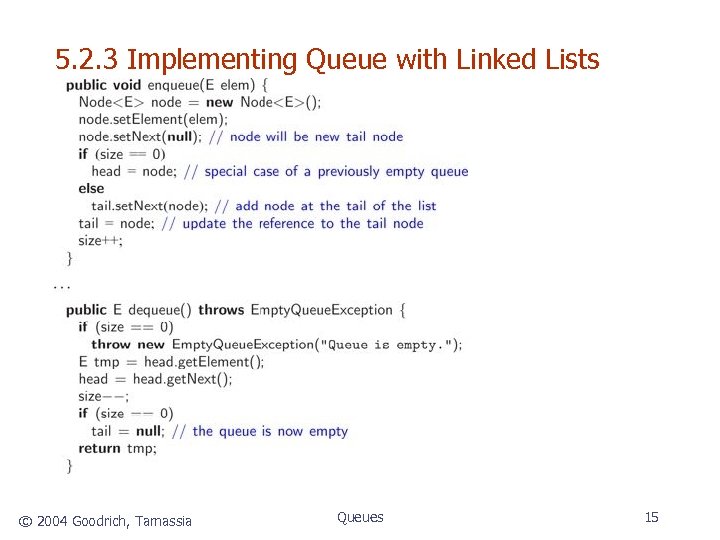 5. 2. 3 Implementing Queue with Linked Lists © 2004 Goodrich, Tamassia Queues 15