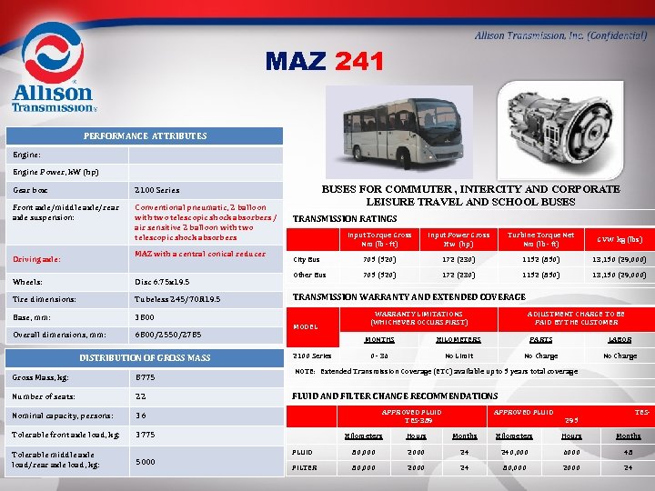 MAZ 241 PERFORMANCE ATTRIBUTES Engine: Engine Power, k. W (hp) Gear box: Front axle/middle