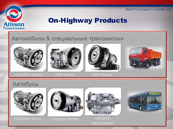 On-Highway Products Автомобили & специальные трансмиссии 1000/2000 Series 3000 Series 4000 Series Torqmatic Series