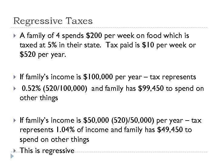 Regressive Taxes A family of 4 spends $200 per week on food which is