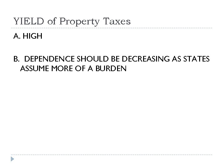 YIELD of Property Taxes A. HIGH B. DEPENDENCE SHOULD BE DECREASING AS STATES ASSUME
