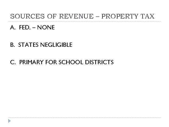 SOURCES OF REVENUE – PROPERTY TAX A. FED. – NONE B. STATES NEGLIGIBLE C.