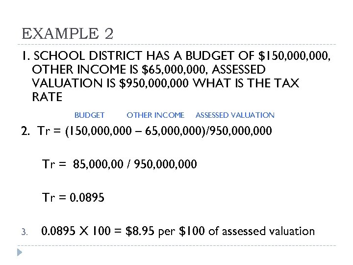 EXAMPLE 2 1. SCHOOL DISTRICT HAS A BUDGET OF $150, 000, OTHER INCOME IS