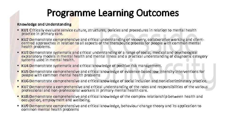 Programme Learning Outcomes Knowledge and Understanding • KU 1 Critically evaluate service culture, structures,