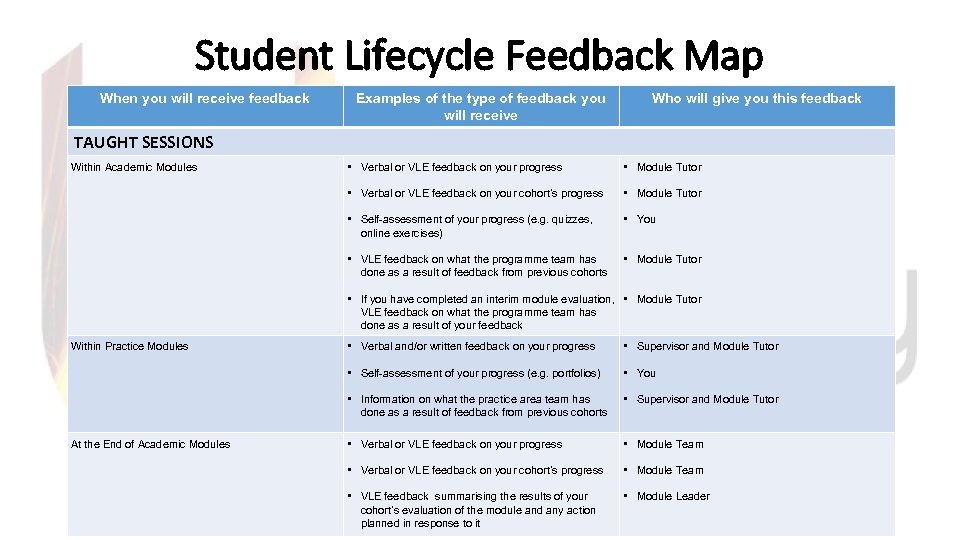 Student Lifecycle Feedback Map When you will receive feedback Examples of the type of