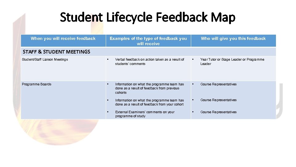 Student Lifecycle Feedback Map When you will receive feedback Examples of the type of