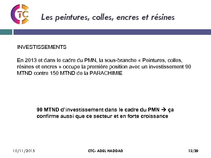 Les peintures, colles, encres et résines INVESTISSEMENTS En 2013 et dans le cadre du