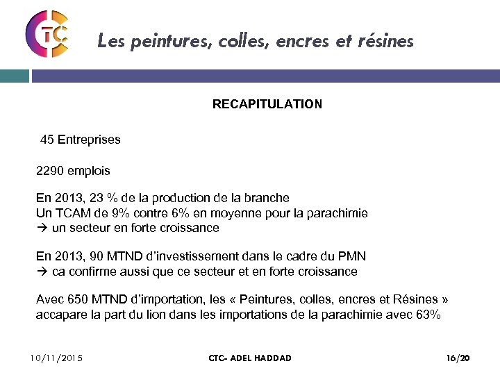 Les peintures, colles, encres et résines RECAPITULATION 45 Entreprises 2290 emplois En 2013, 23