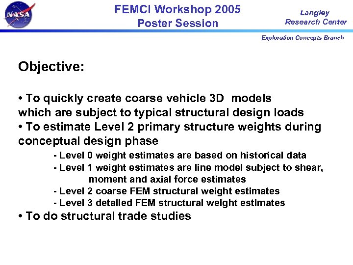 FEMCI Workshop 2005 Poster Session Langley Research Center Exploration Concepts Branch Objective: • To