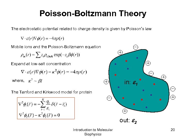 Poisson-Boltzmann Theory The electrostatic potential related to charge density is given by Poisson’s law