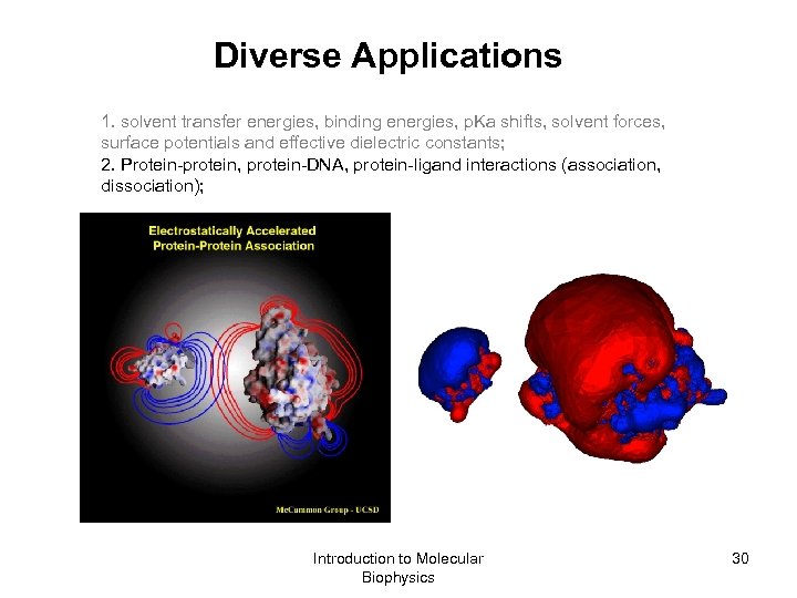 Diverse Applications 1. solvent transfer energies, binding energies, p. Ka shifts, solvent forces, surface