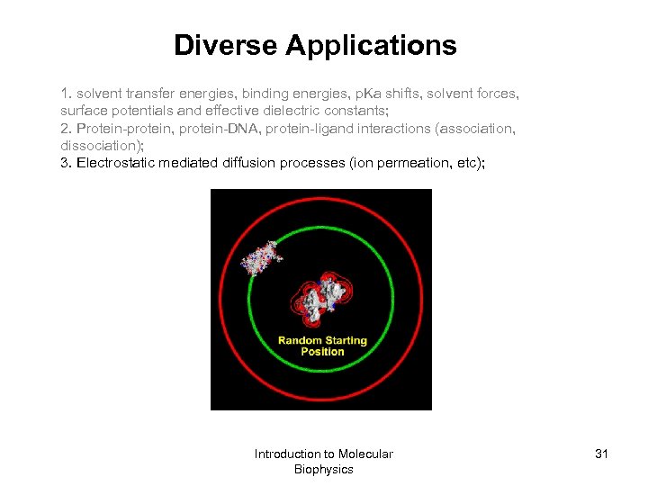 Diverse Applications 1. solvent transfer energies, binding energies, p. Ka shifts, solvent forces, surface