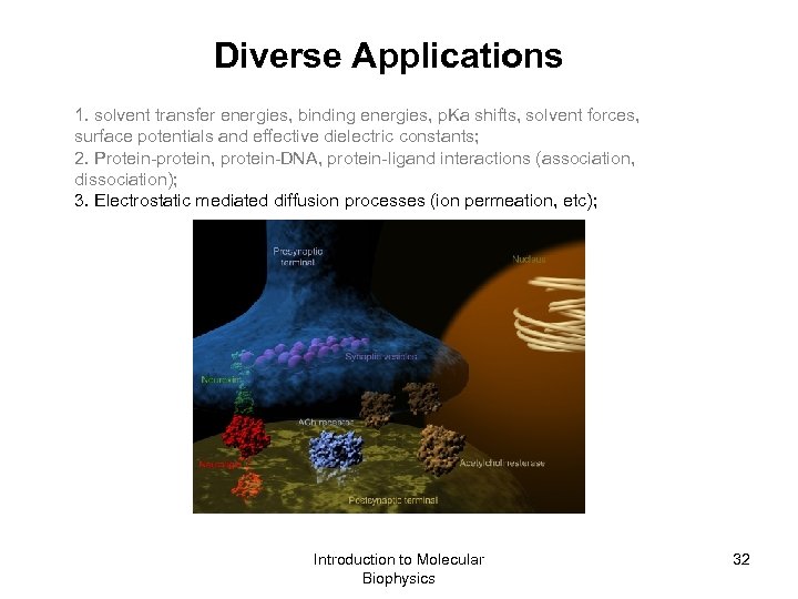 Diverse Applications 1. solvent transfer energies, binding energies, p. Ka shifts, solvent forces, surface