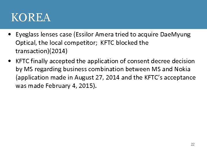 KOREA • Eyeglass lenses case (Essilor Amera tried to acquire Dae. Myung Optical, the