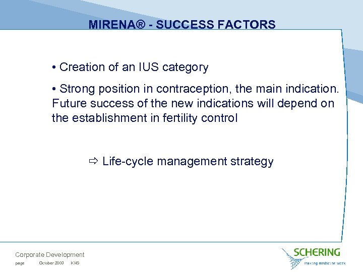 MIRENA® - SUCCESS FACTORS • Creation of an IUS category • Strong position in