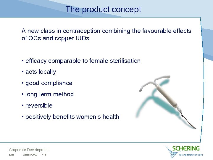 The product concept A new class in contraception combining the favourable effects of OCs