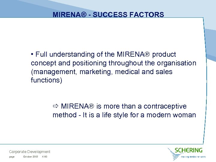 MIRENA® - SUCCESS FACTORS • Full understanding of the MIRENA® product concept and positioning