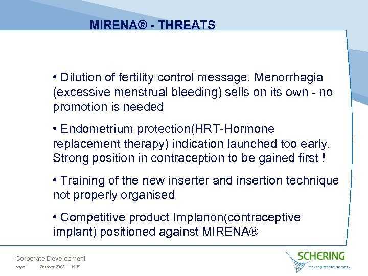 MIRENA® - THREATS • Dilution of fertility control message. Menorrhagia (excessive menstrual bleeding) sells
