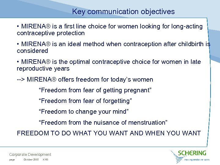 Key communication objectives • MIRENA® is a first line choice for women looking for