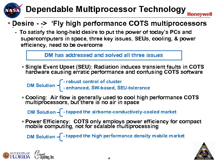 Dependable Multiprocessor Technology • Desire - -> ‘Fly high performance COTS multiprocessors in To
