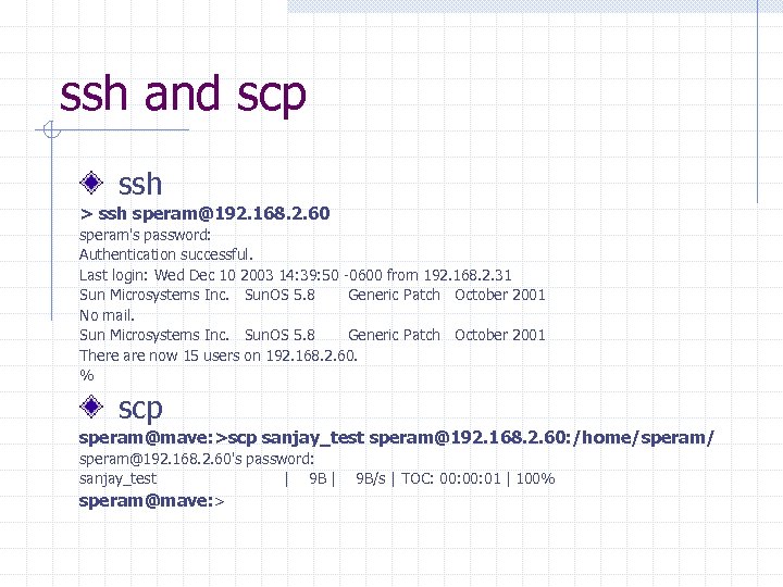 ssh and scp ssh > ssh speram@192. 168. 2. 60 speram's password: Authentication successful.