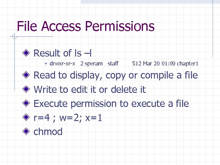 File Access Permissions Result of ls –l w drwxr-xr-x 2 speram staff 512 Mar