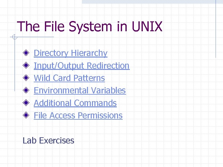 The File System in UNIX Directory Hierarchy Input/Output Redirection Wild Card Patterns Environmental Variables