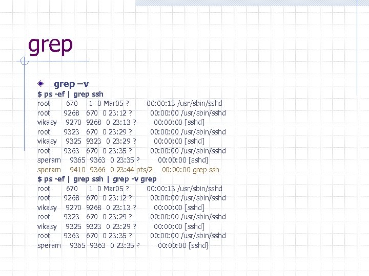 grep –v $ ps -ef | grep ssh root 670 1 0 Mar 05