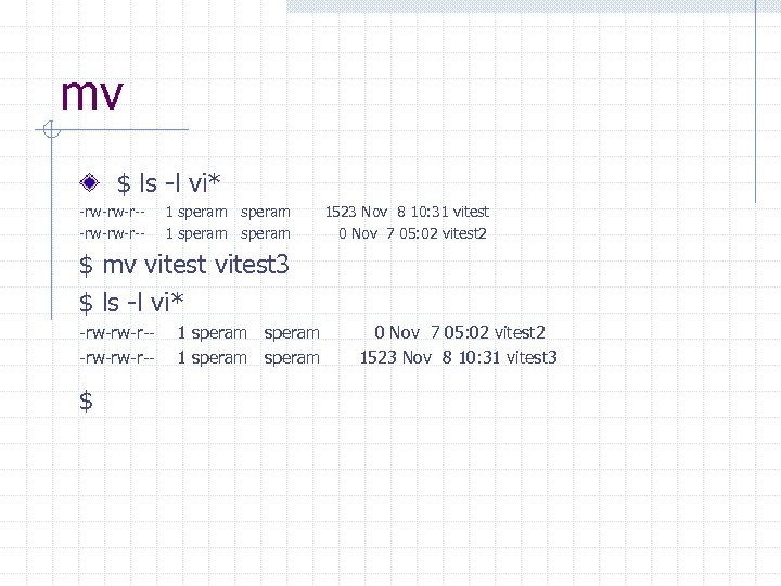 mv $ ls -l vi* -rw-rw-r-- 1 speram 1523 Nov 8 10: 31 vitest