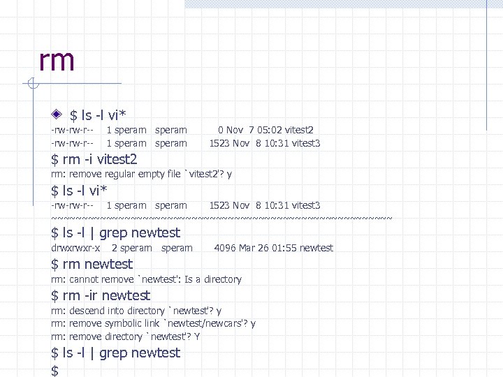 rm $ ls -l vi* -rw-rw-r-- 1 speram 0 Nov 7 05: 02 vitest