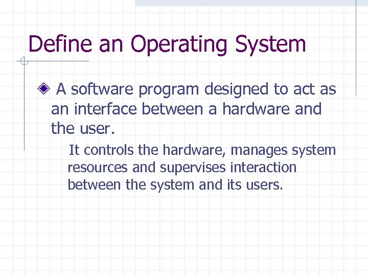 Define an Operating System A software program designed to act as an interface between