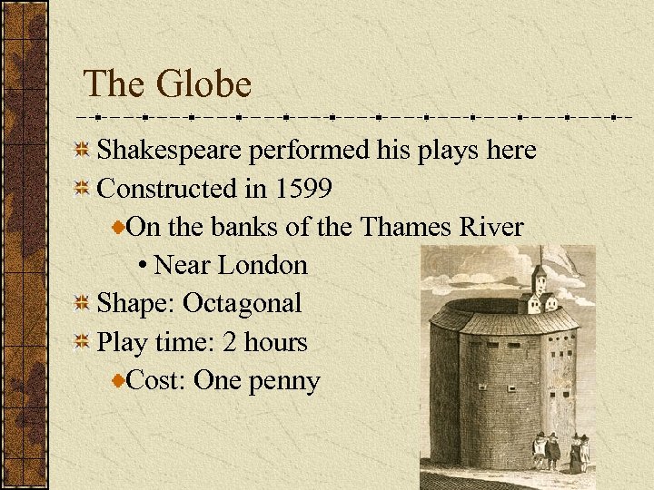 The Globe Shakespeare performed his plays here Constructed in 1599 On the banks of