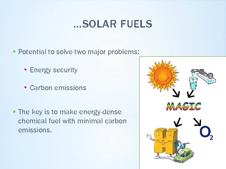…SOLAR FUELS § Potential to solve two major problems: • Energy security • Carbon