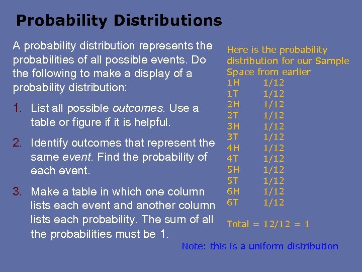 Probability Distributions A probability distribution represents the probabilities of all possible events. Do the