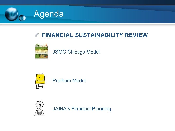 Agenda FINANCIAL SUSTAINABILITY REVIEW JSMC Chicago Model Pratham Model JAINA’s Financial Planning 