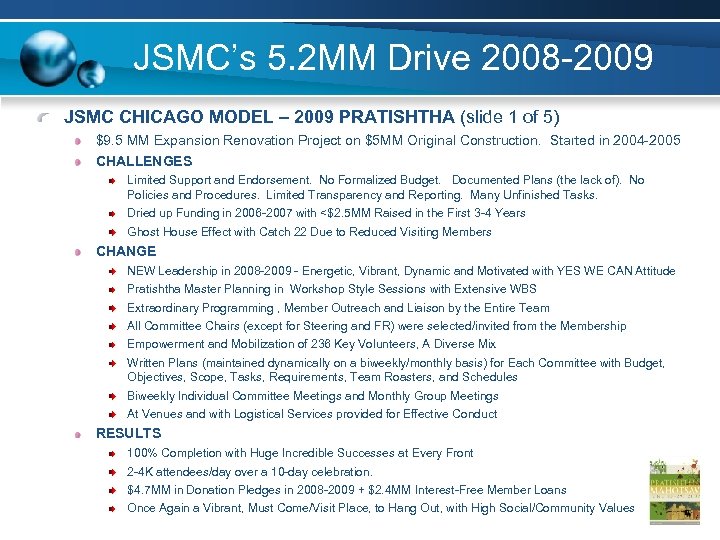 JSMC’s 5. 2 MM Drive 2008 -2009 JSMC CHICAGO MODEL – 2009 PRATISHTHA (slide