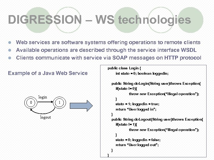 DIGRESSION – WS technologies Web services are software systems offering operations to remote clients