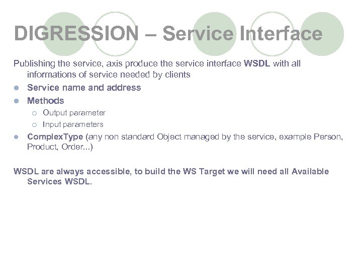 DIGRESSION – Service Interface Publishing the service, axis produce the service interface WSDL with