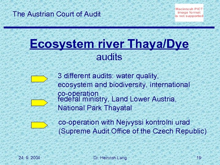 The Austrian Court of Audit Ecosystem river Thaya/Dye audits 3 different audits: water quality,