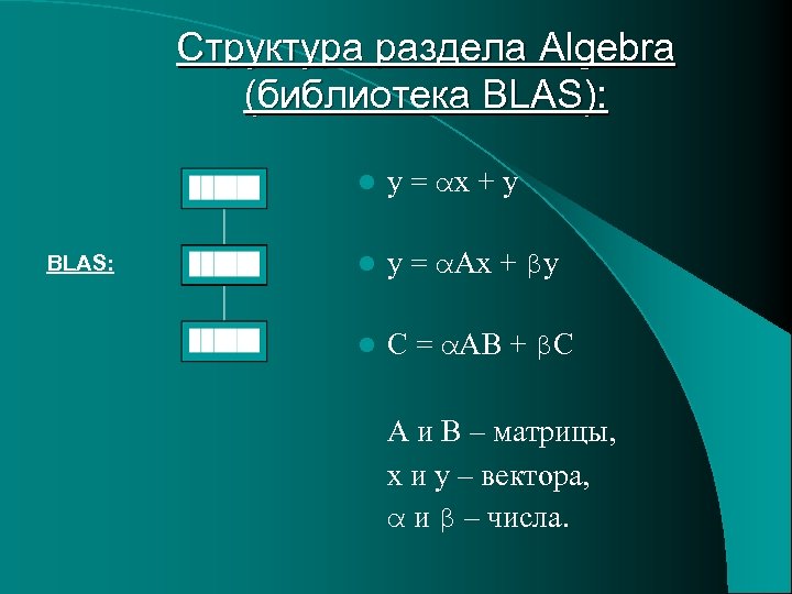 Структура раздела Algebra (библиотека BLAS): l BLAS: y = αx + y l y