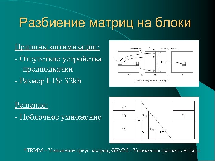 Разбиение матриц на блоки Причины оптимизации: - Отсутствие устройства предподкачки - Размер L 1$: