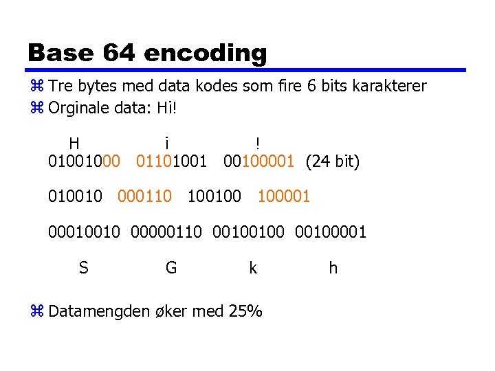 Base 64 encoding z Tre bytes med data kodes som fire 6 bits karakterer