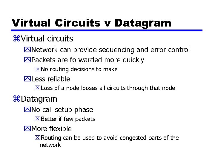 Virtual Circuits v Datagram z Virtual circuits y. Network can provide sequencing and error