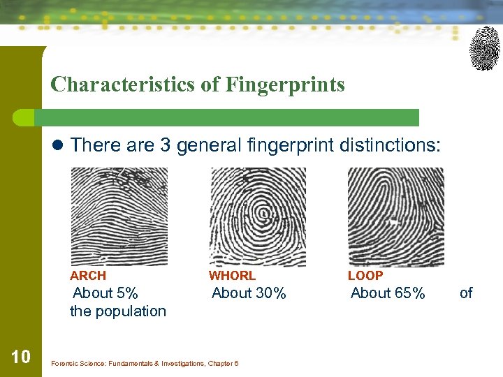 Characteristics of Fingerprints l There are 3 general fingerprint distinctions: ARCH LOOP About 5%