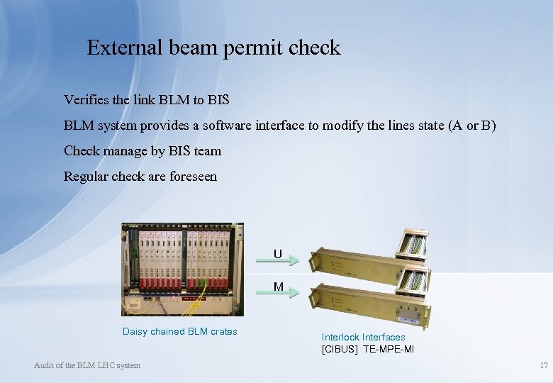 External beam permit check Verifies the link BLM to BIS BLM system provides a