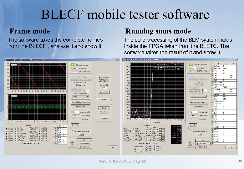 BLECF mobile tester software Frame mode Running sums mode The software takes the complete
