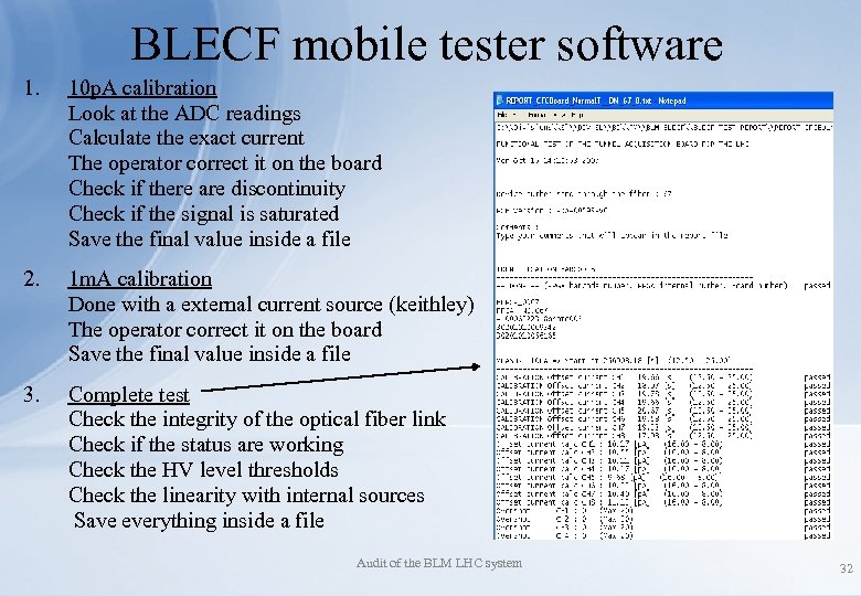 BLECF mobile tester software 1. 10 p. A calibration Look at the ADC readings