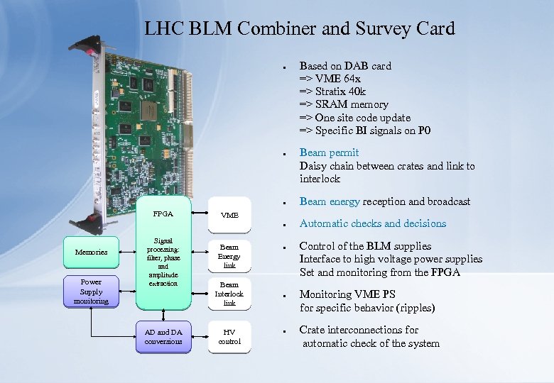 LHC BLM Combiner and Survey Card ● ● Based on DAB card => VME