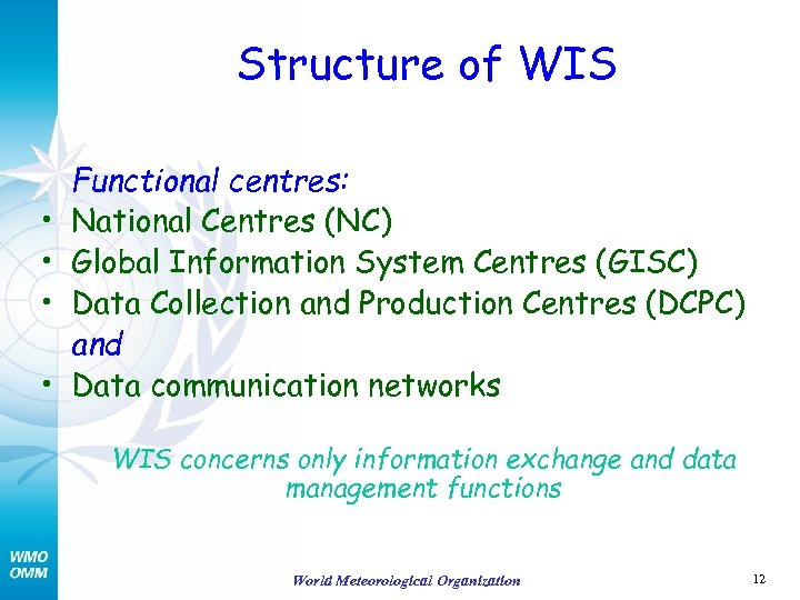 Structure of WIS • • Functional centres: National Centres (NC) Global Information System Centres